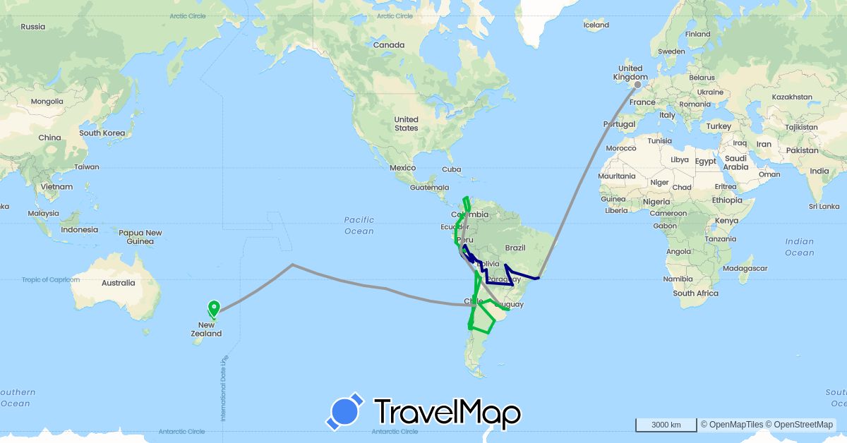 TravelMap itinerary: driving, bus, plane in Argentina, Bolivia, Brazil, Chile, Colombia, Ecuador, France, United Kingdom, New Zealand, Peru, Paraguay, Uruguay (Europe, Oceania, South America)